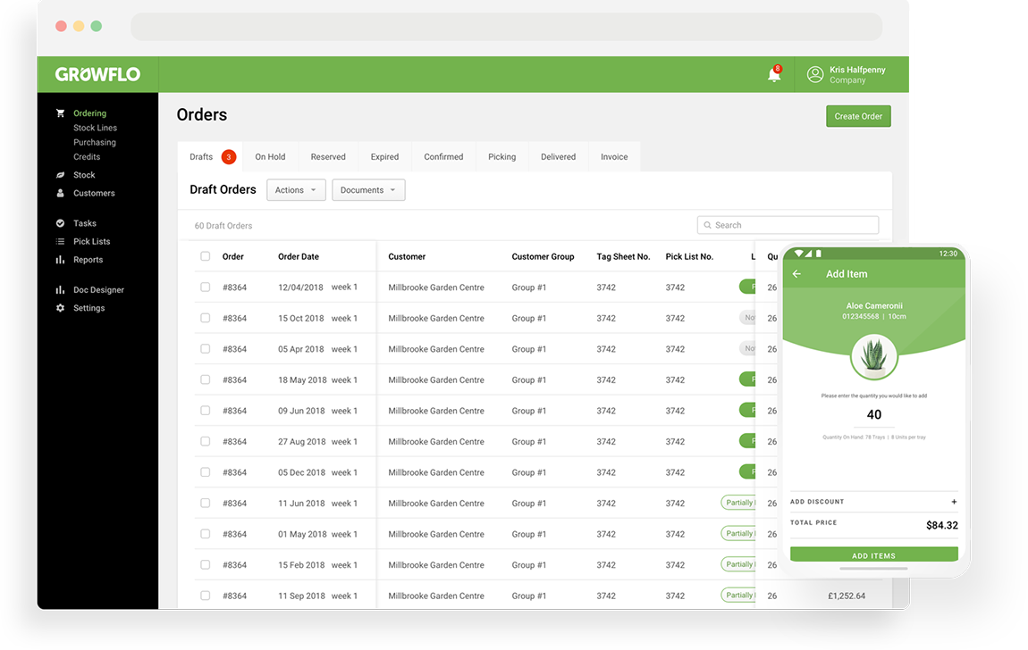 Screens showing the desktop and mobile version of the Growflo Orders section