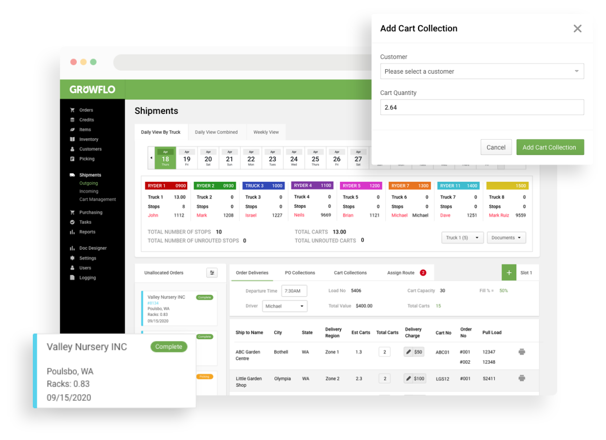 Screens showing the clean layout of the Shipping section of Growflo