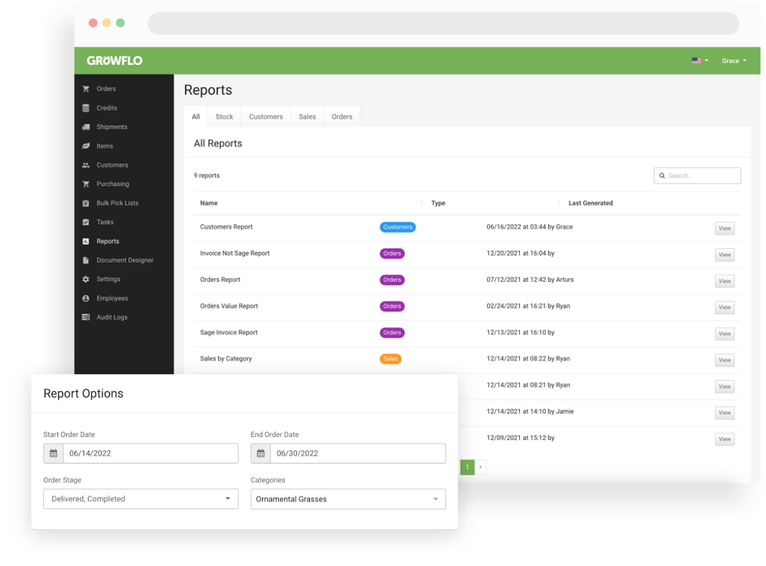 Screens showing the Reports section of the Growflo system.