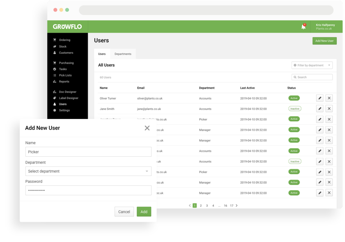 Screens showing the users area of the Growflo system